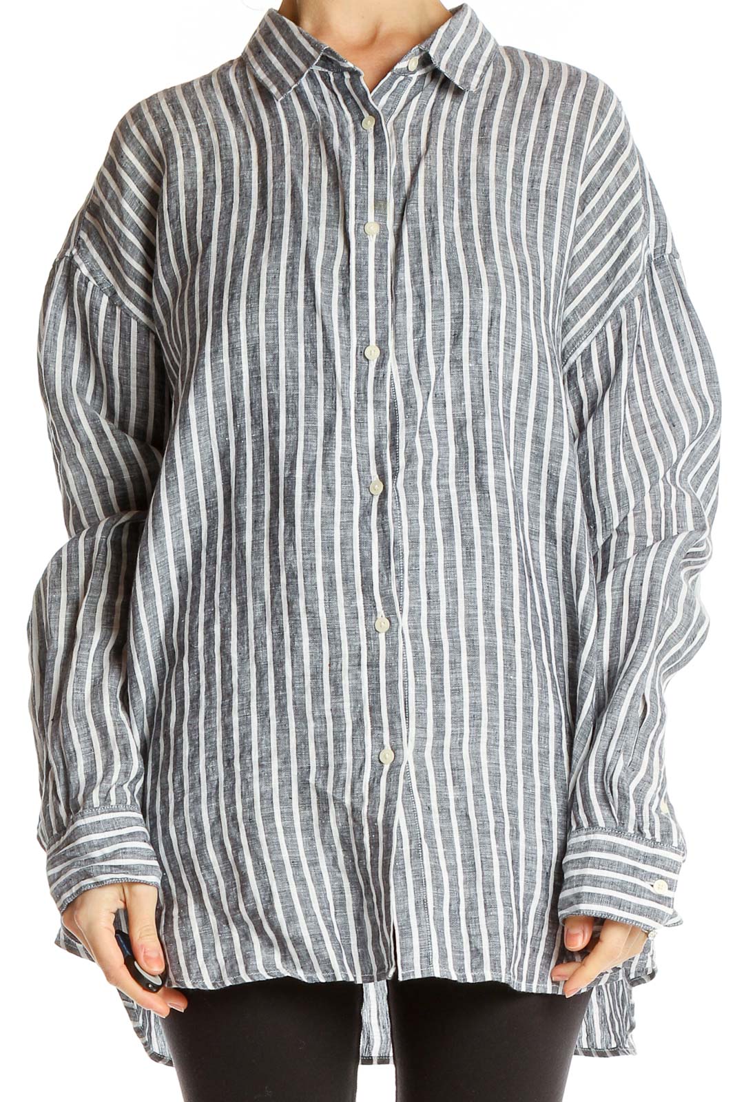Gray Striped Casual Linen Button-Up Shirt Front