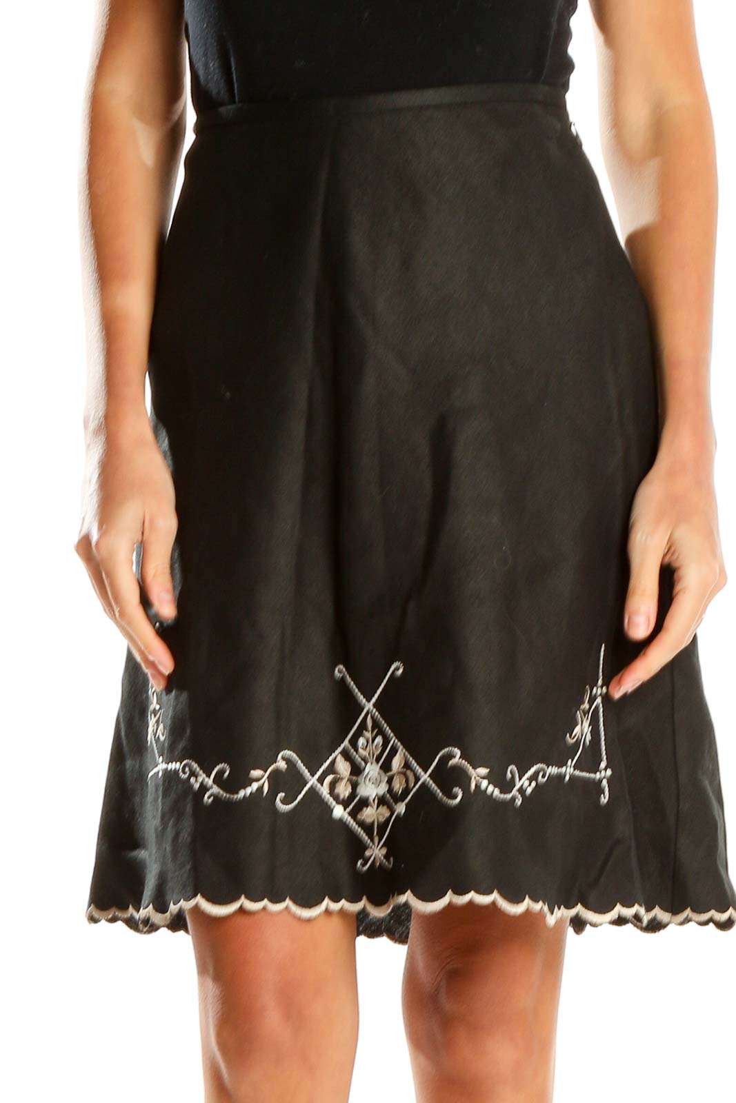 Black Embroidered A-Line Skirt Front