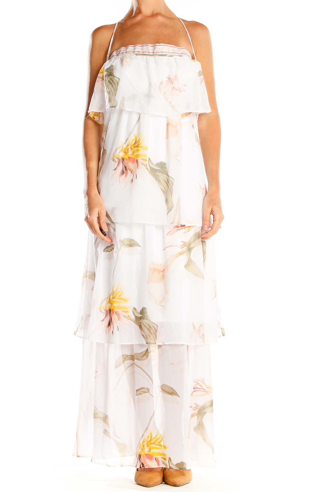 White Floral Print Ruffle Bohemian Column Dress Front
