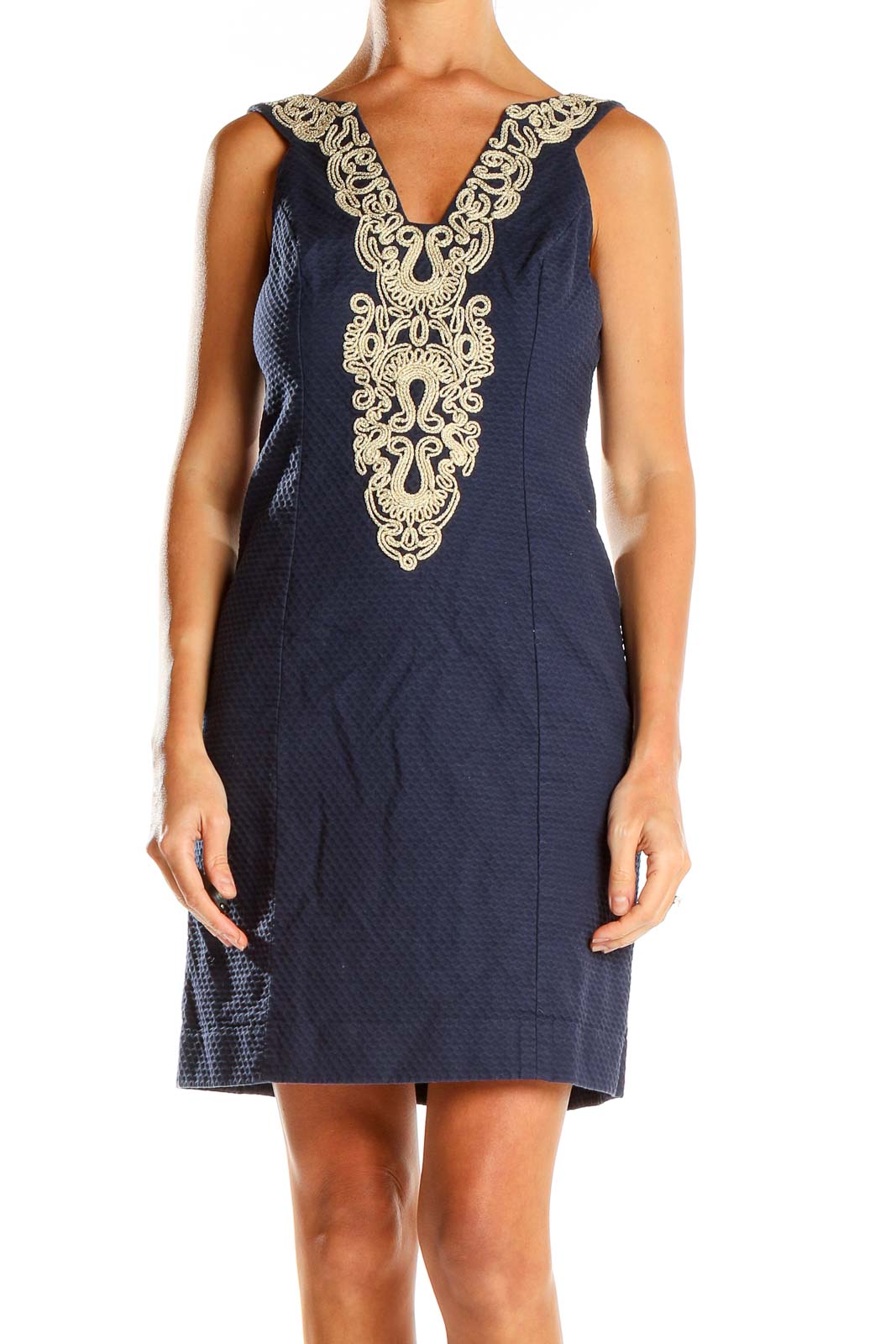Navy Embroidered Sleeveless Shift Dress Front