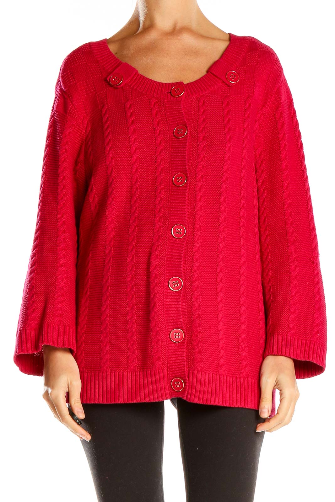 Red Cable Knit Button-Up Sweater Front