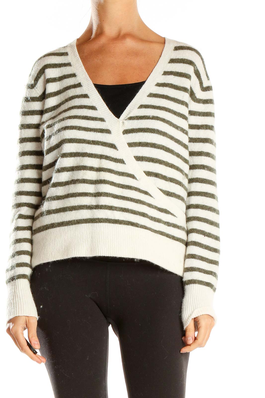 White Striped V Neck Sweater Front