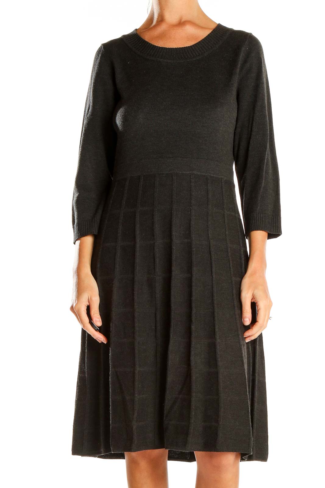 Gray Pleated Fit & Flare Knit Dress Front