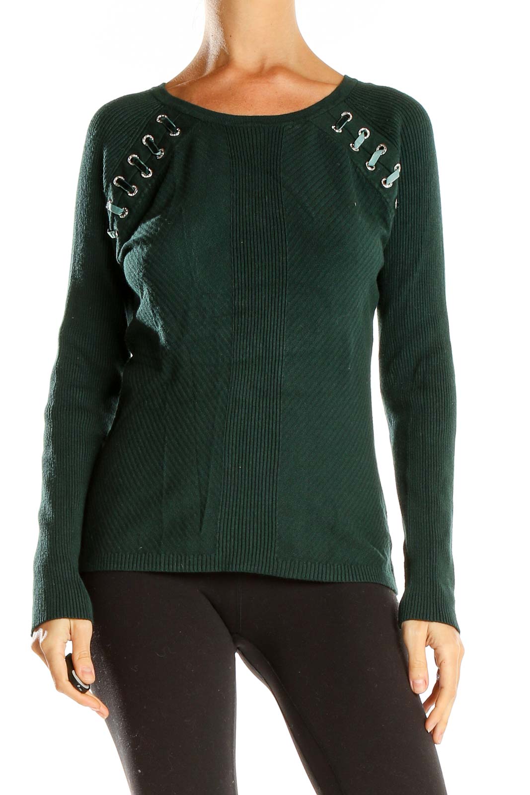 Green Fitted Lace Up Detail Sweater Front