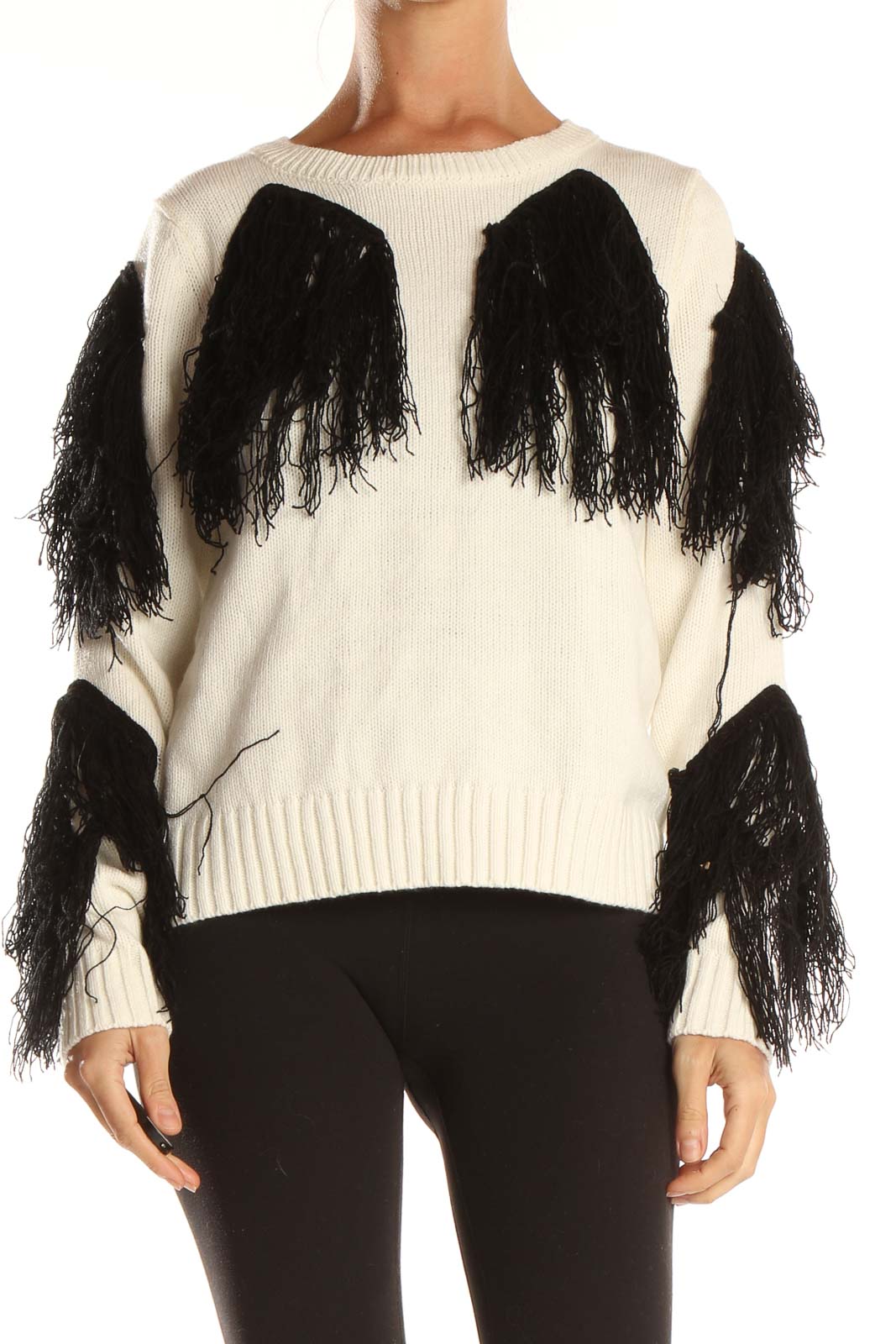 White Chic Sweater With Black Fringe Detail Front