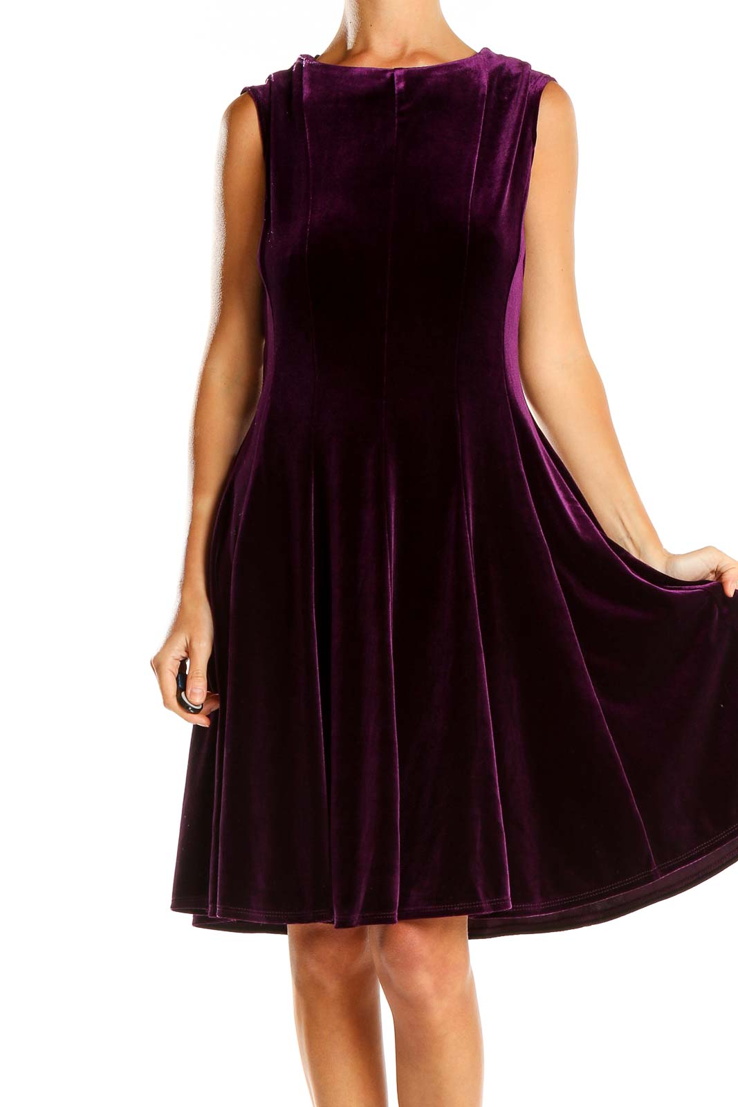 Purple Velour Pleated Cocktail Fit & Flare Dress Front