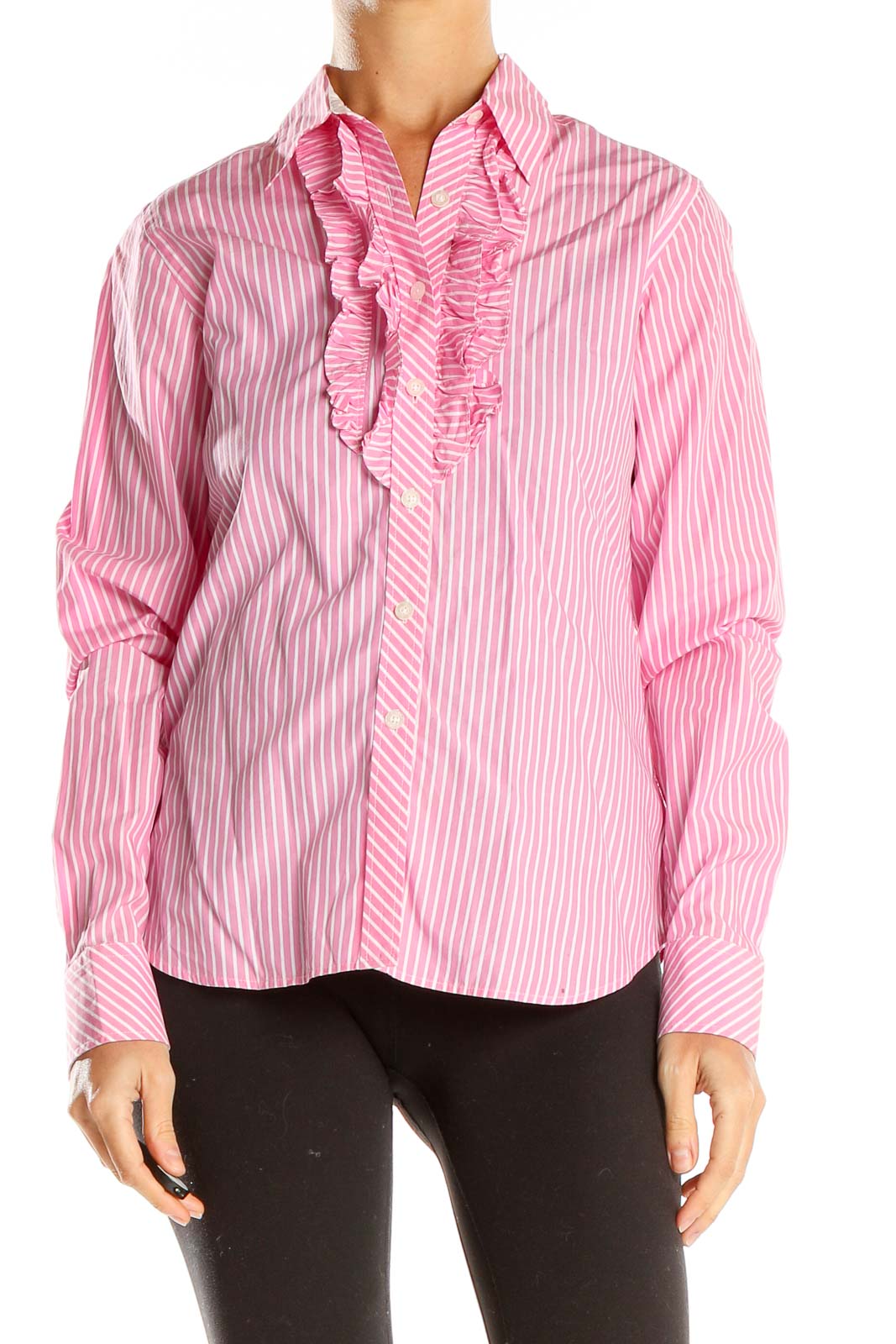 Pink Striped Ruffle Work Top Front