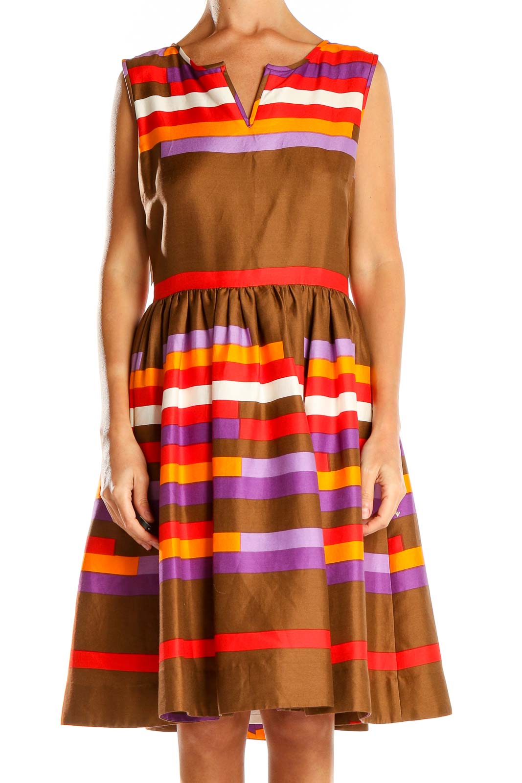 Brown Multicolor Striped Fit & Flare Dress Front