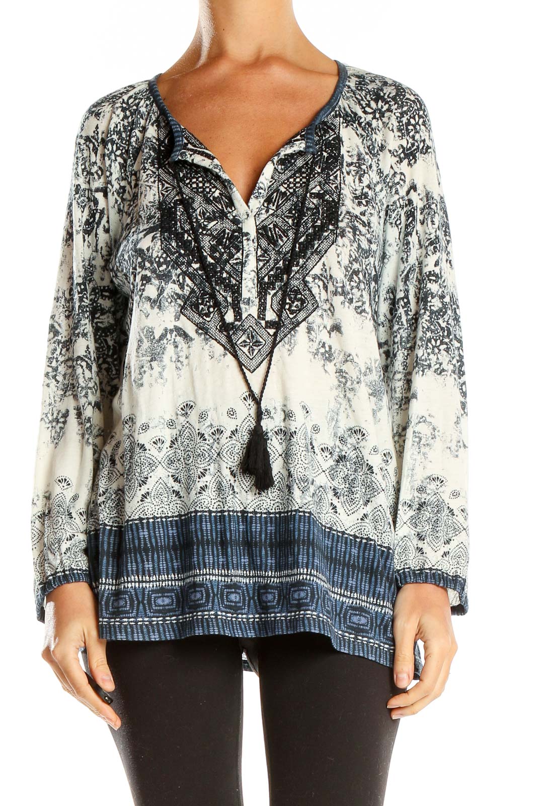 Beige Blue Printed Bohemian Blouse Front