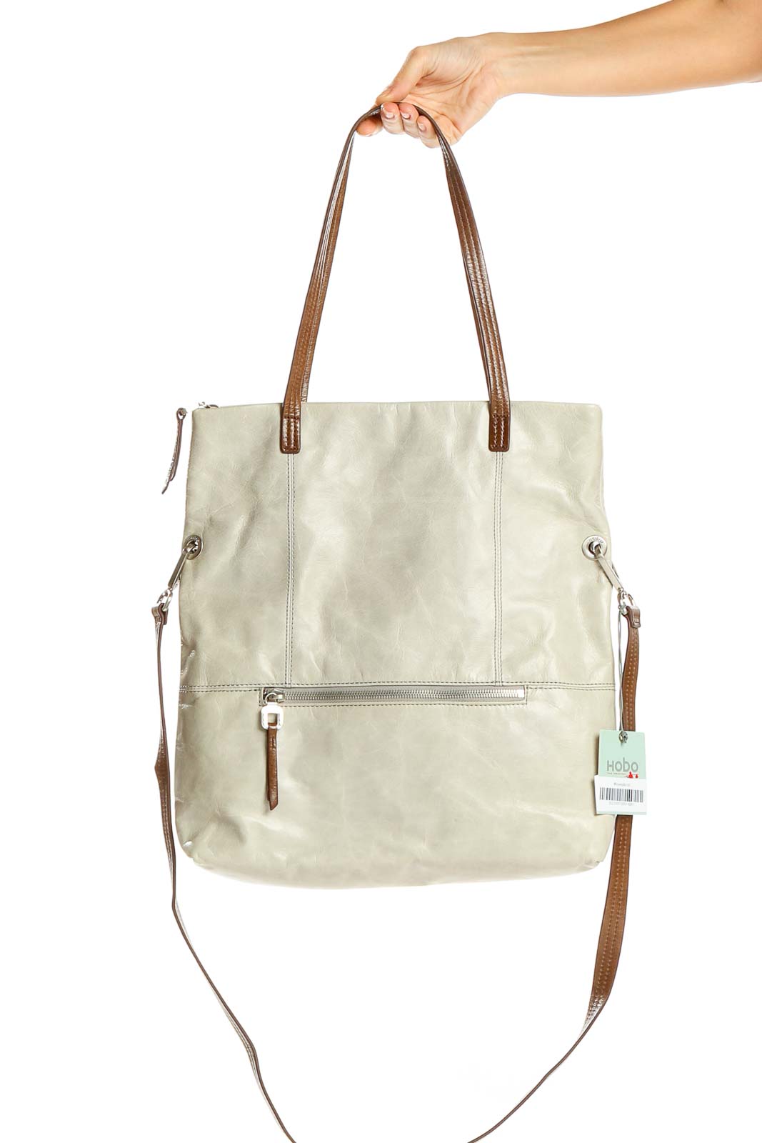Beige Leather Tote Bag Front