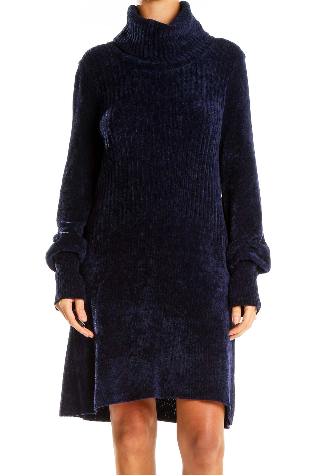 Blue Velour Turtleneck Sweater Dress Front