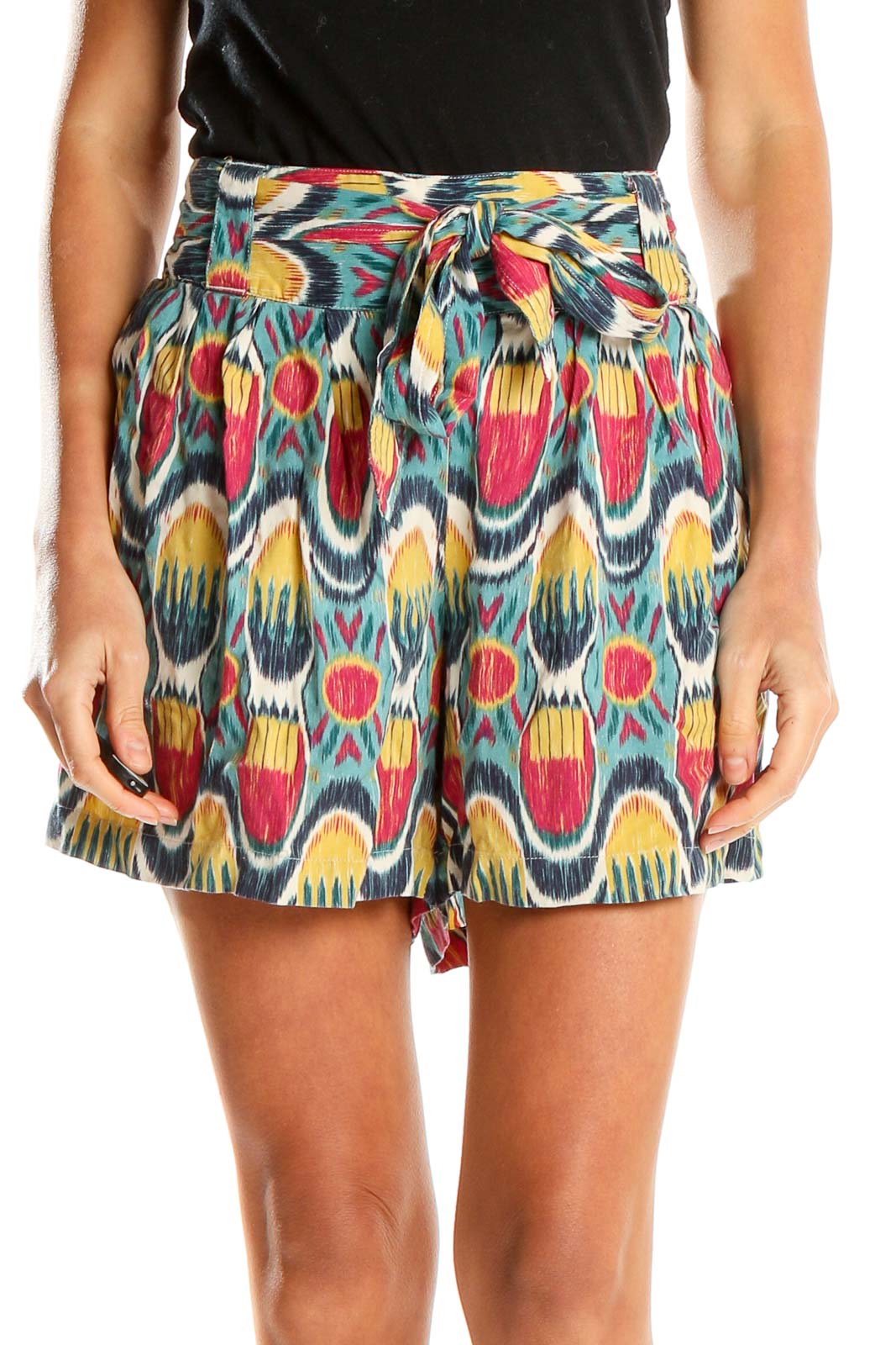 Multicolor Ikat Print Tie-Waist Shorts Front