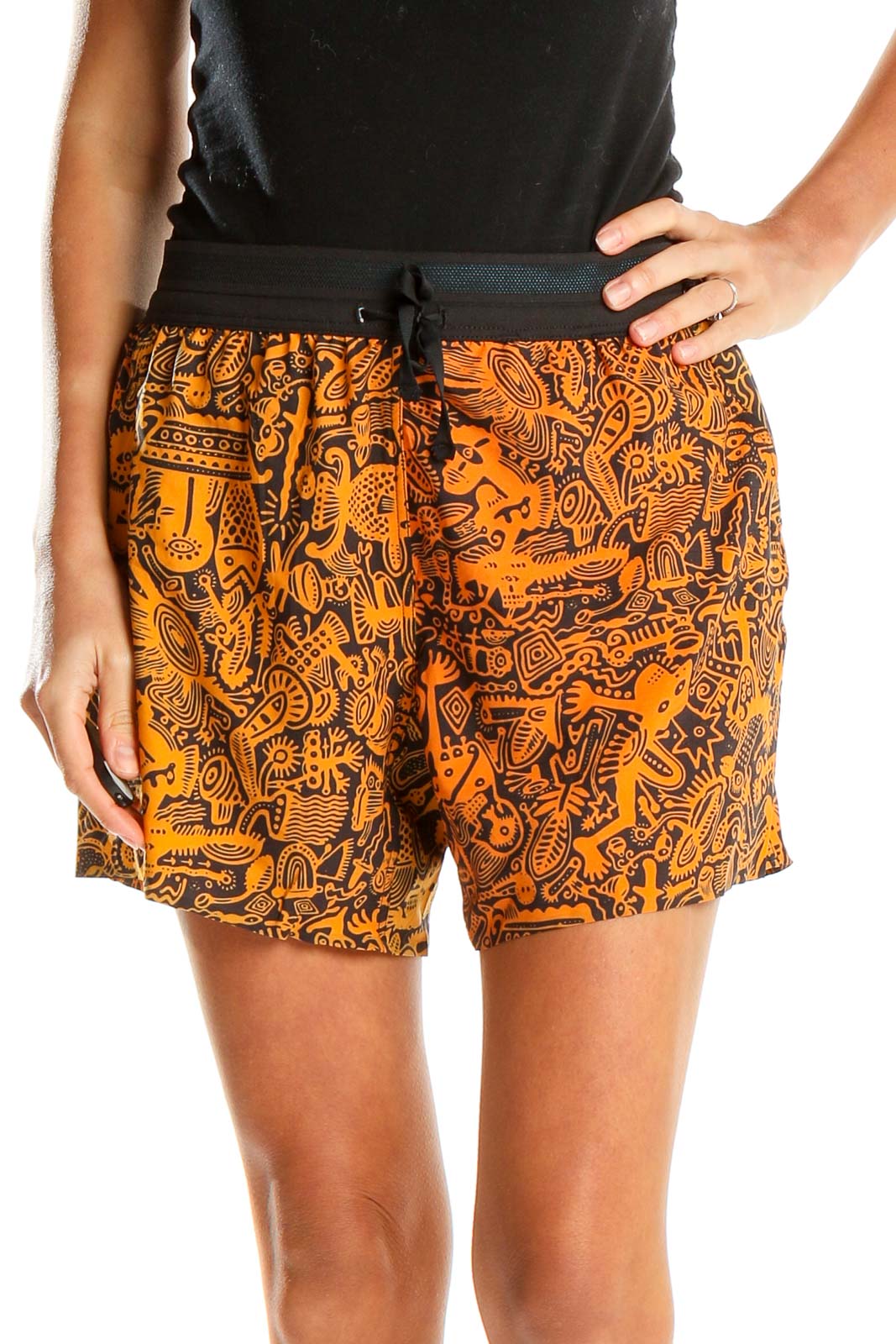 Orange Printed Bohemian Shorts Front