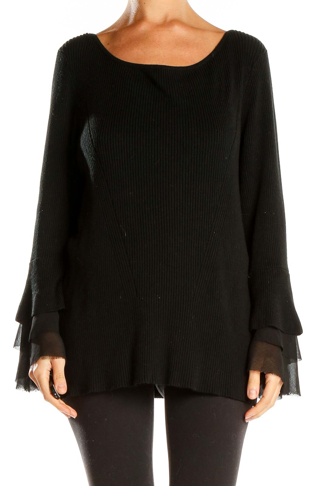 Black Ribbed Knit All Day Wear Top Front