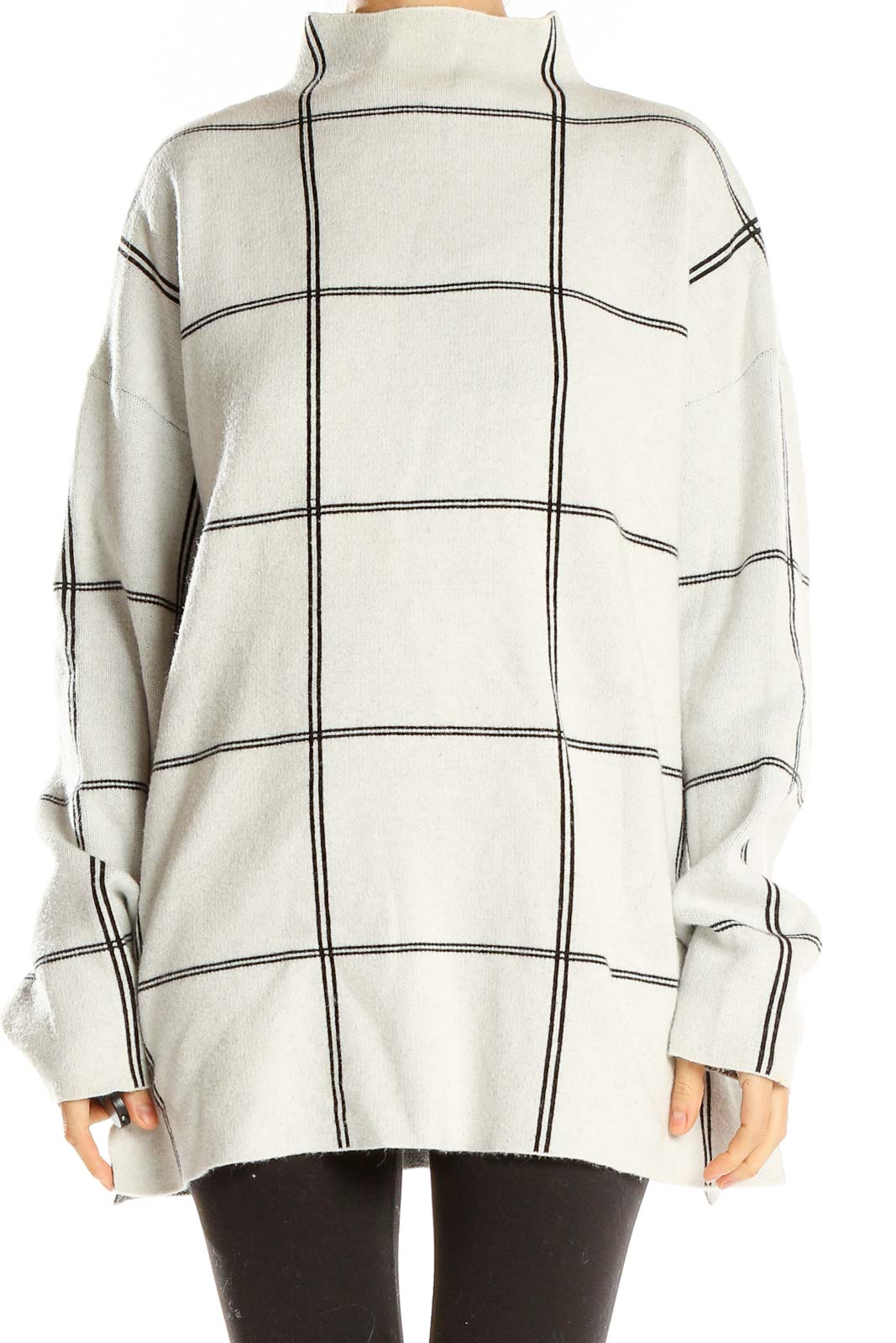 White High Neck Check Print Sweater Front