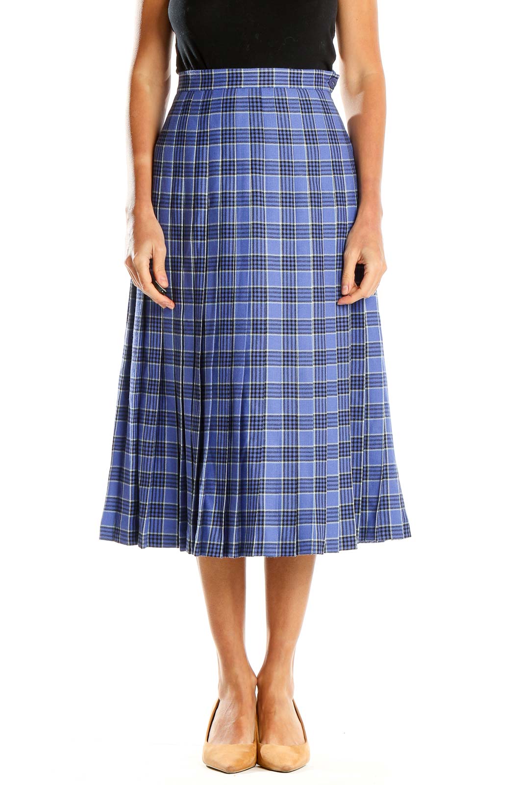 Purple Checkered Pleated A-Line Skirt Front