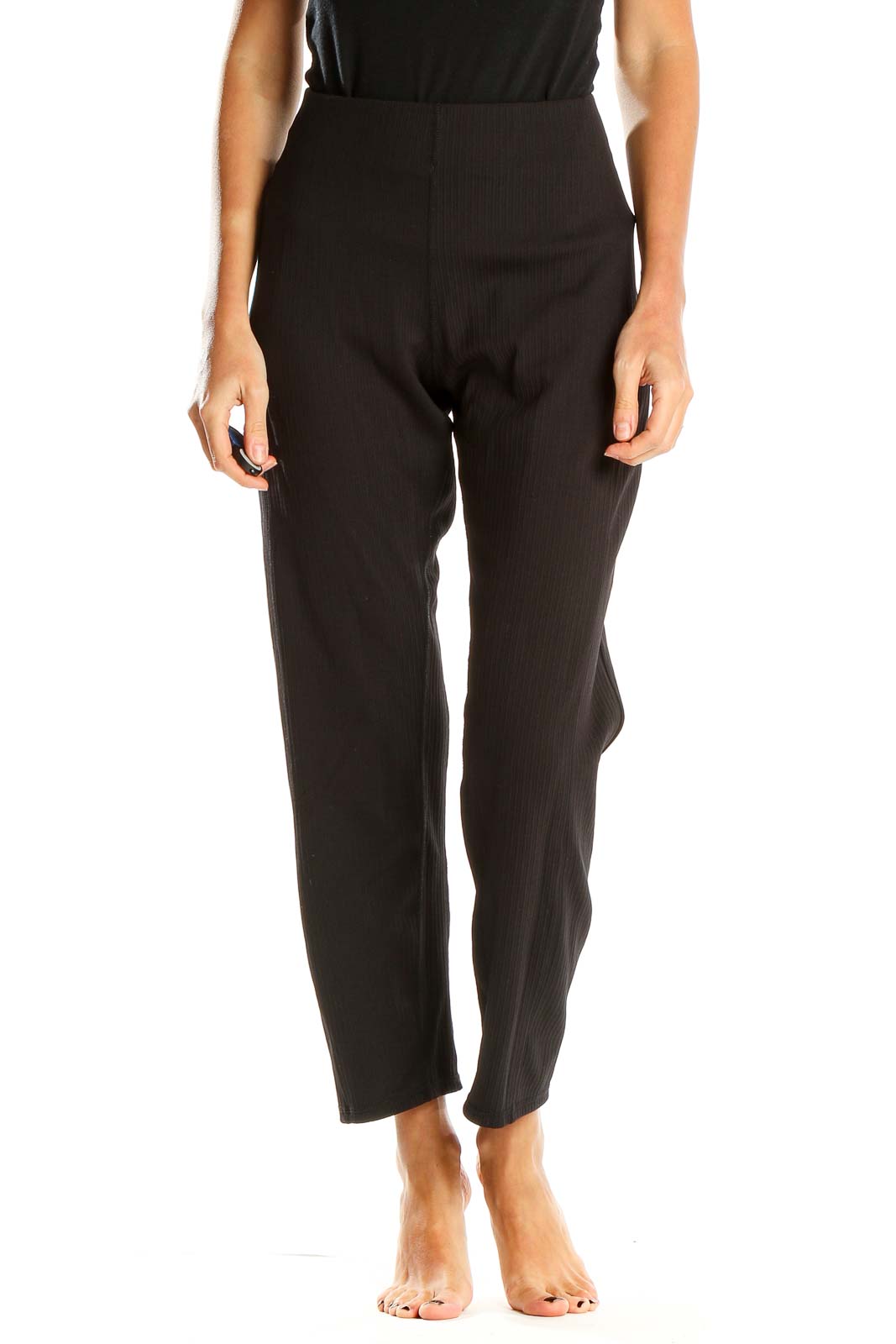 Black Ribbed Cropped Casual Pants Front