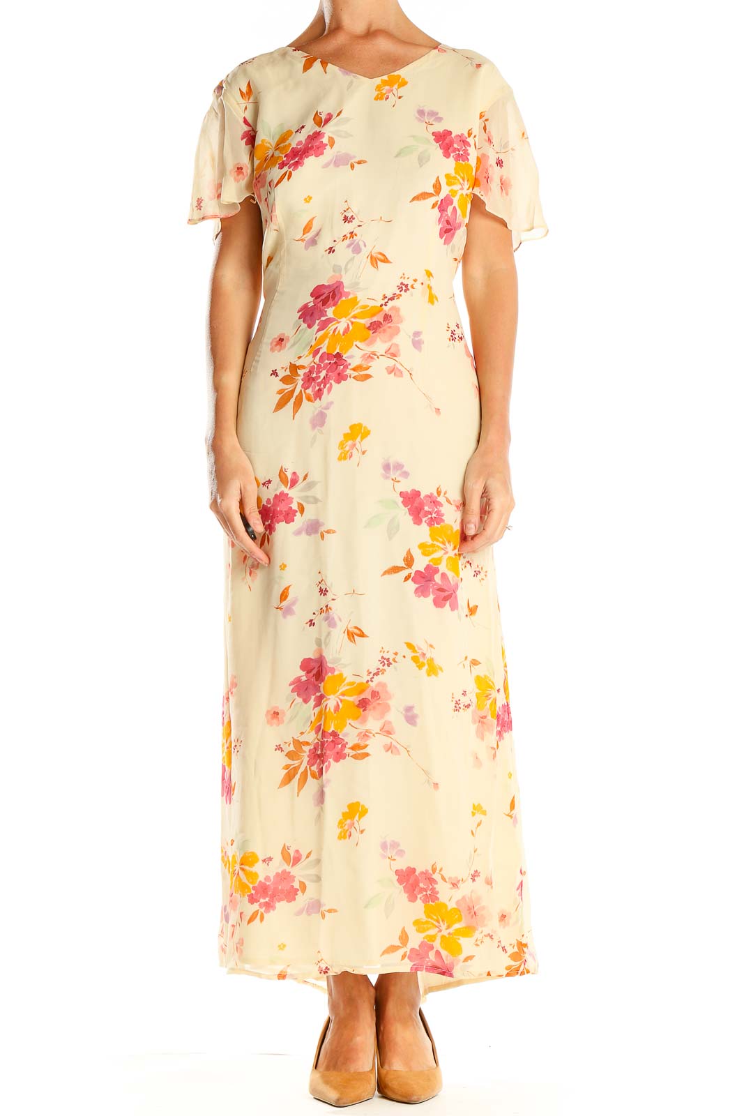 Beige Floral Print Silk Column Dress Front