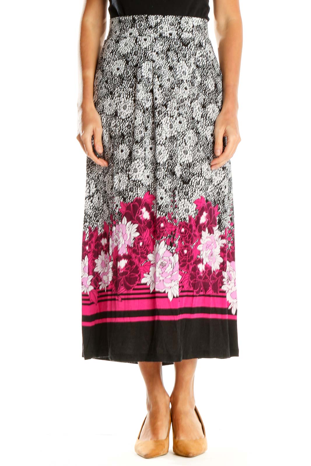 Gray Pink Floral Print Maxi Skirt Front