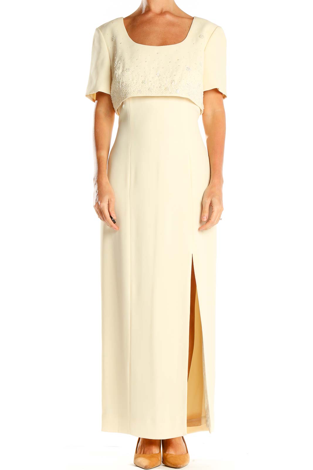 Beige Vintage Layered Sequin Column Dress Front
