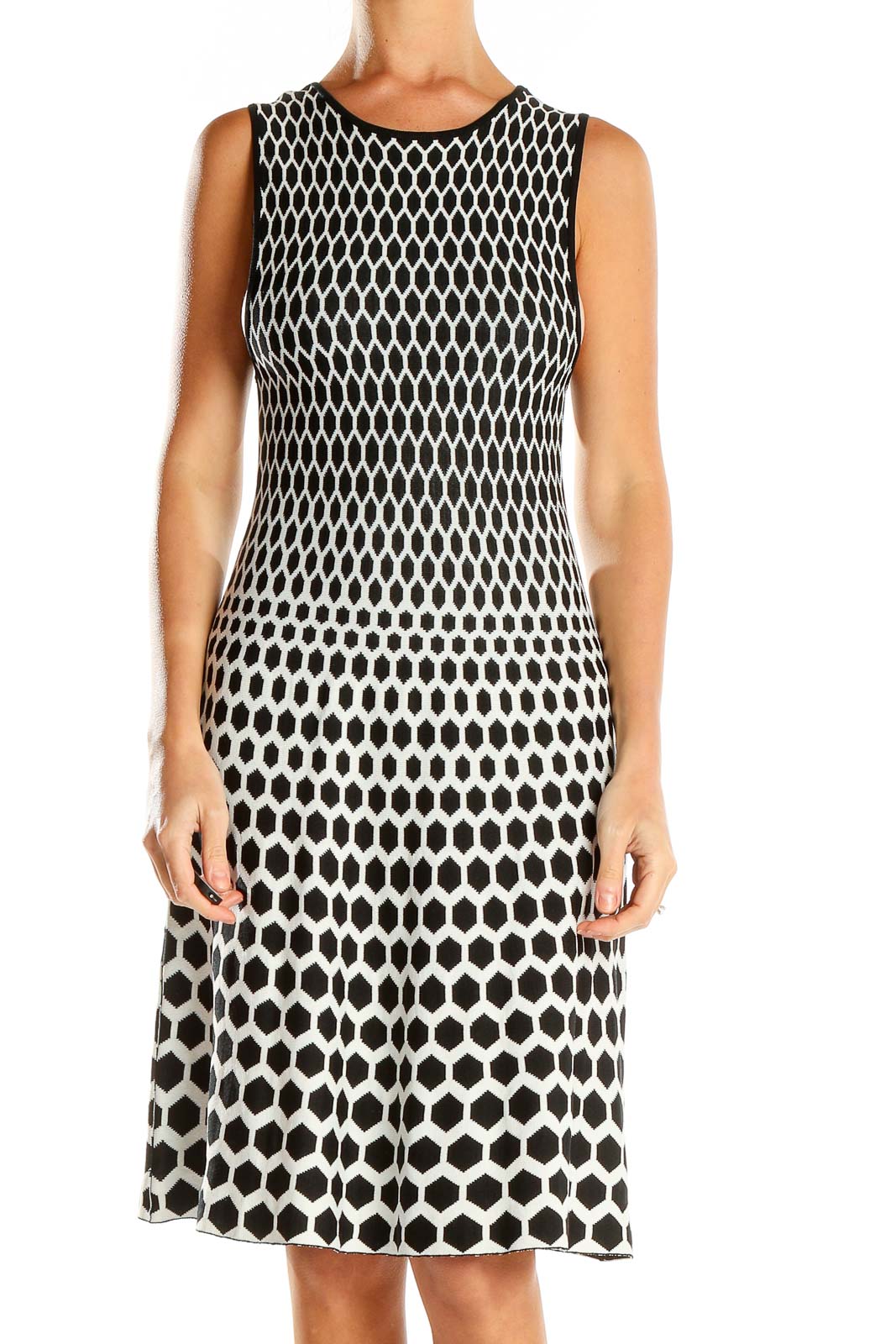White Black Printed Classic Fit & Flare Dress Front
