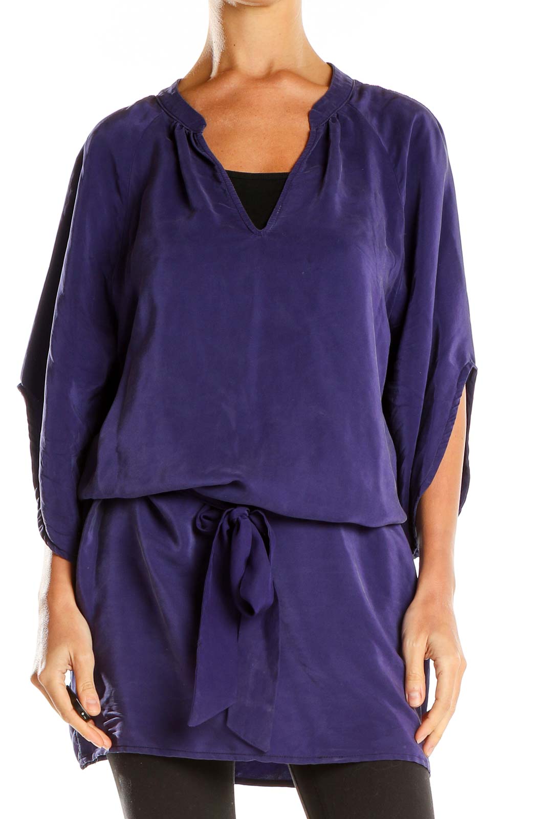 Purple Silk Chic Tie Front Tunic Top Front