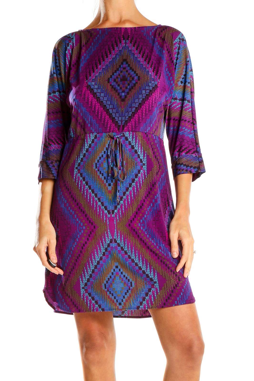 Purple Geometric Print Bohemian A-Line Dress Front