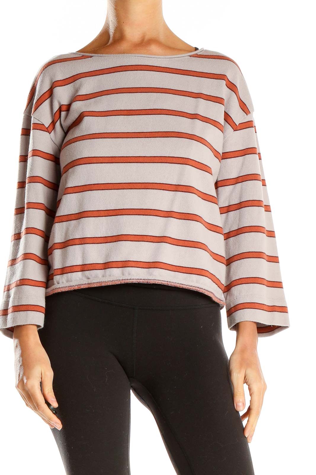 Gray Red Striped Bell Sleeve Crop Top Front