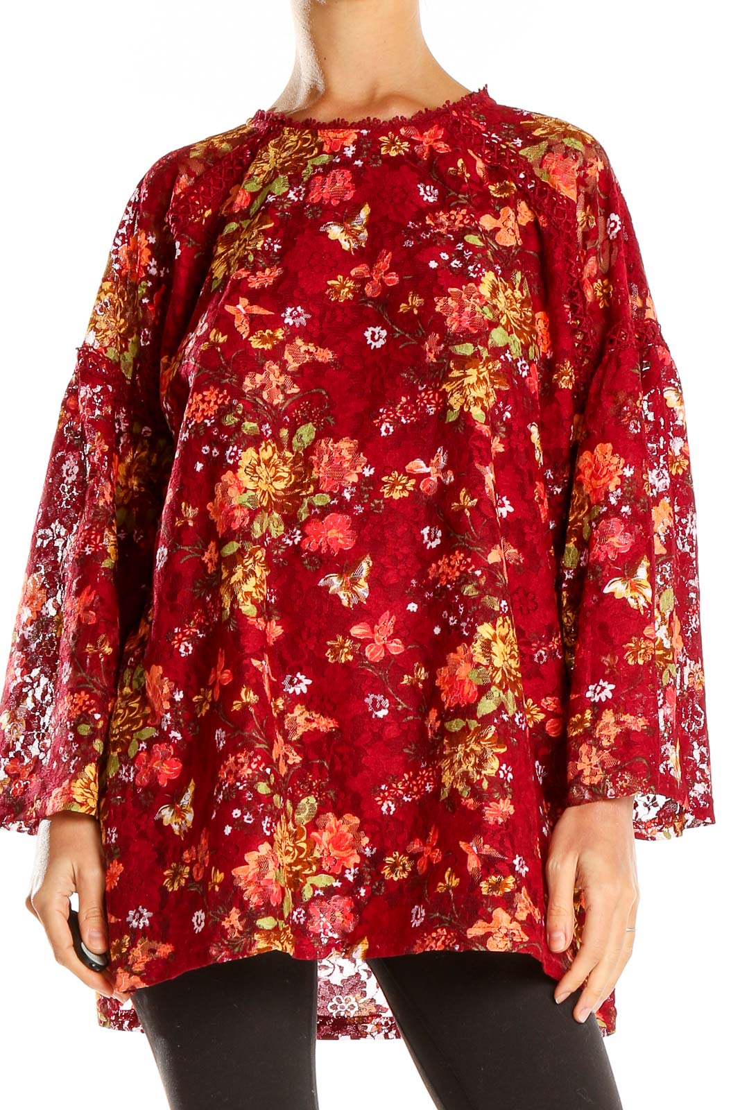 Red Floral Print Textured Bohemian Top Front