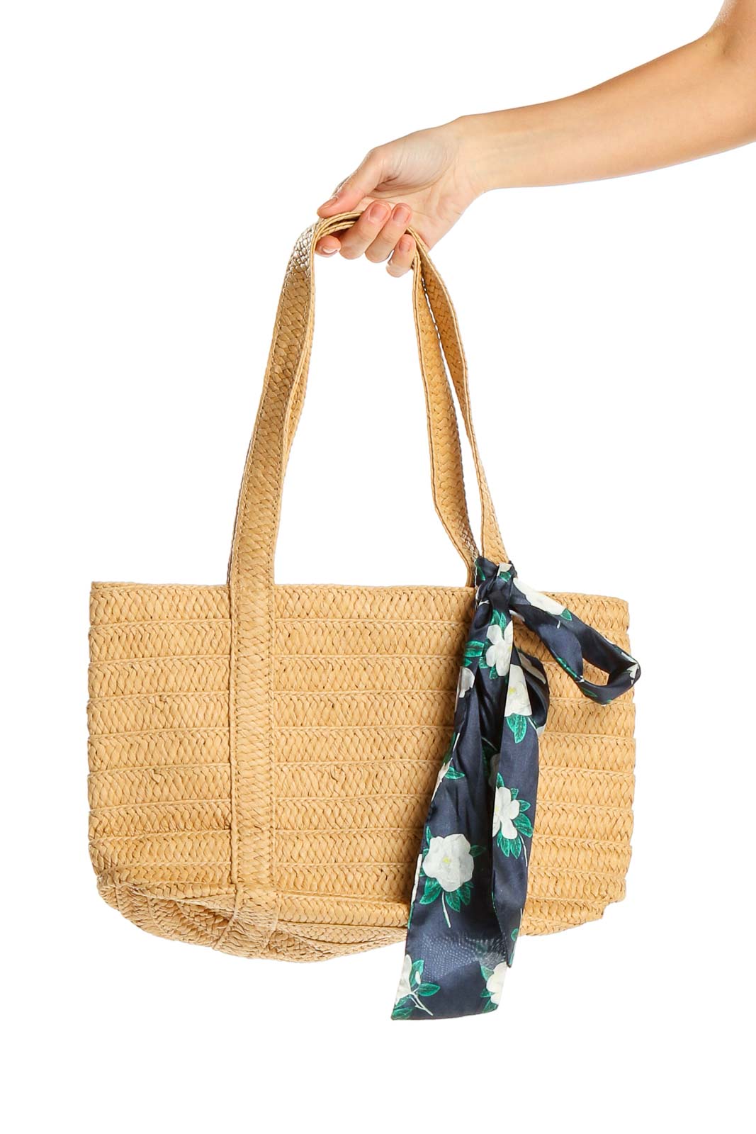 Beige Whicker Tote Bag With Blue Ribbon Front