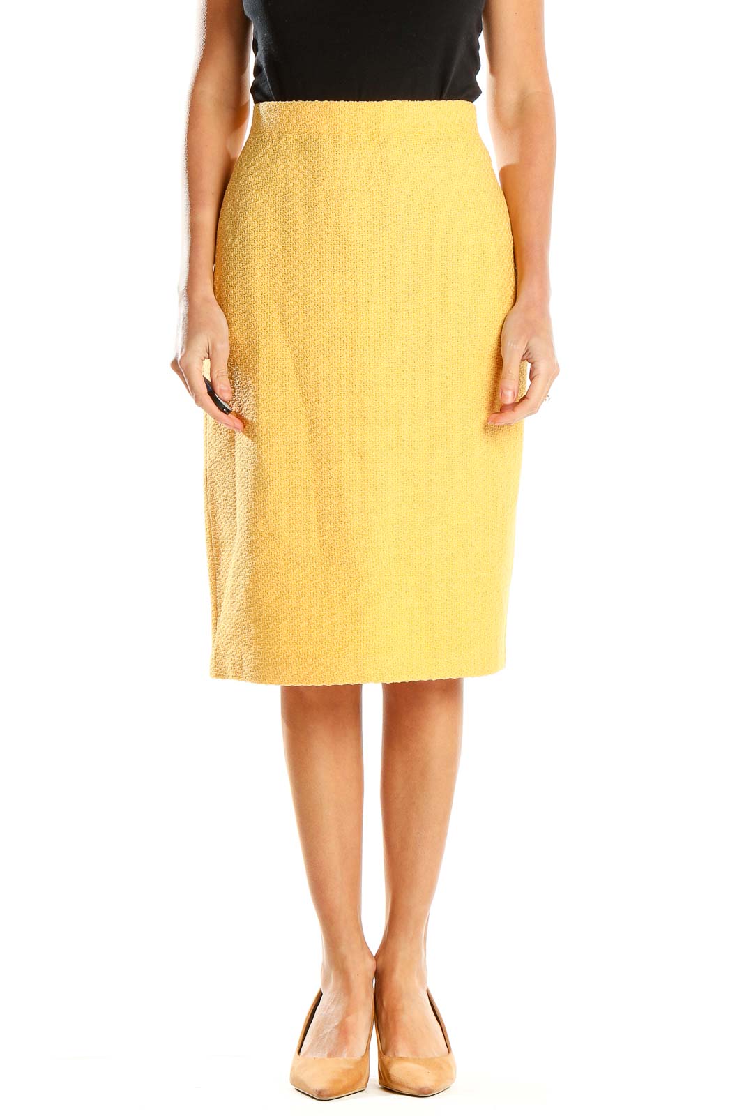 Yellow Textured Classic Pencil Skirt Front