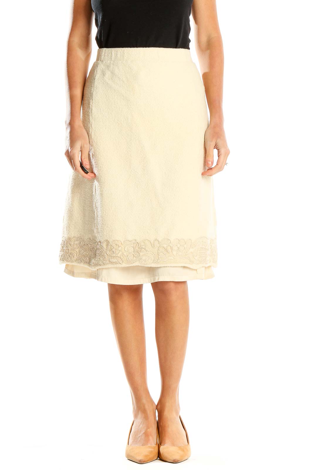 Beige Chic Vintage Embroidered A-Line Skirt Front