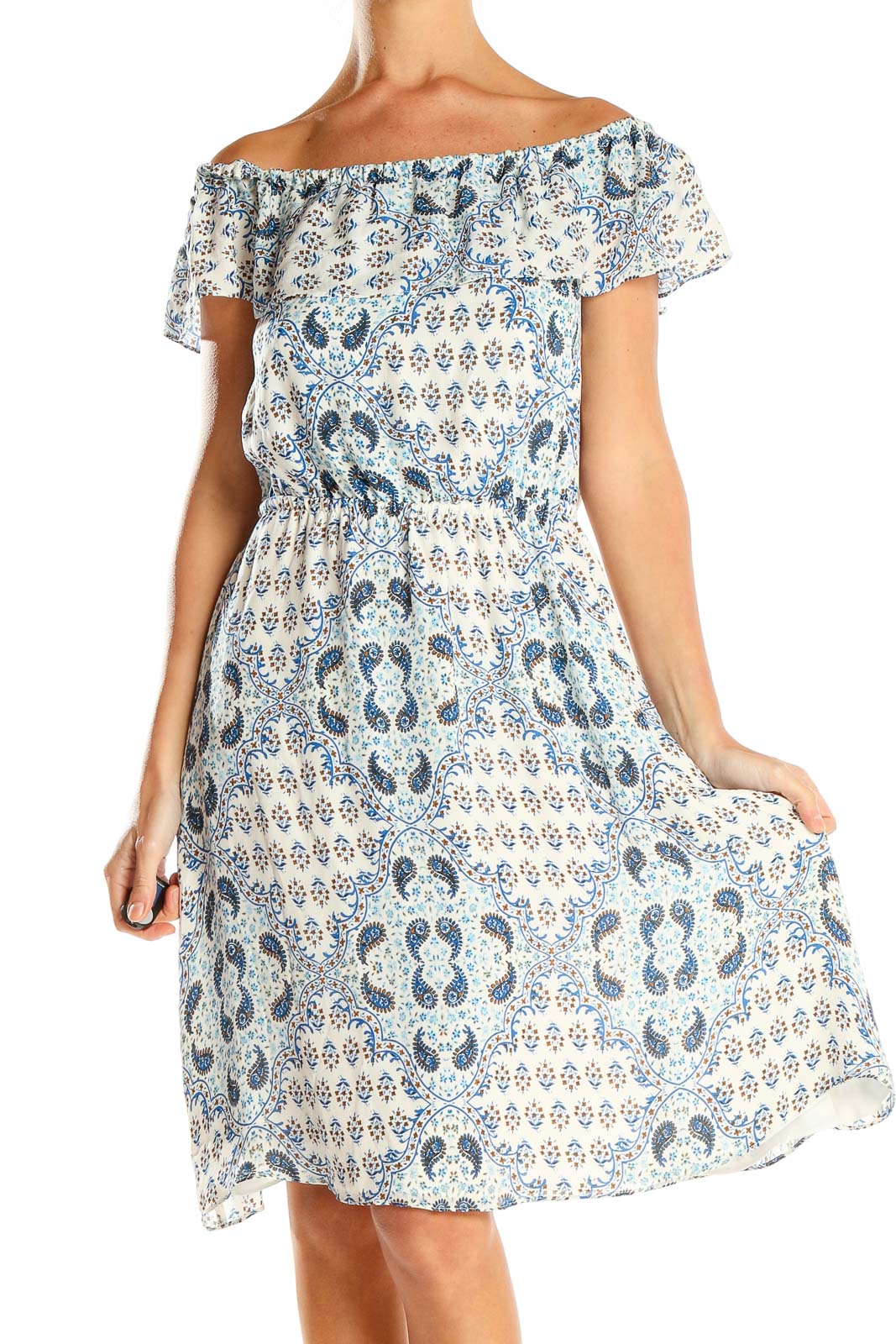 White Blue Paisley Off The Shoulder Dress Front