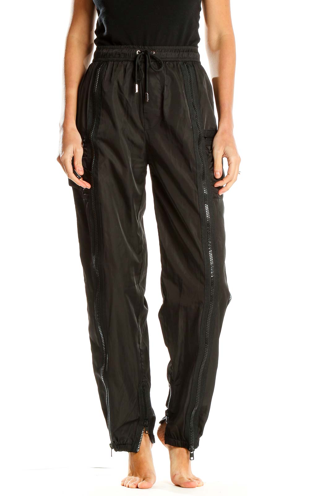 Black Casual Zipper Sweatpants Front