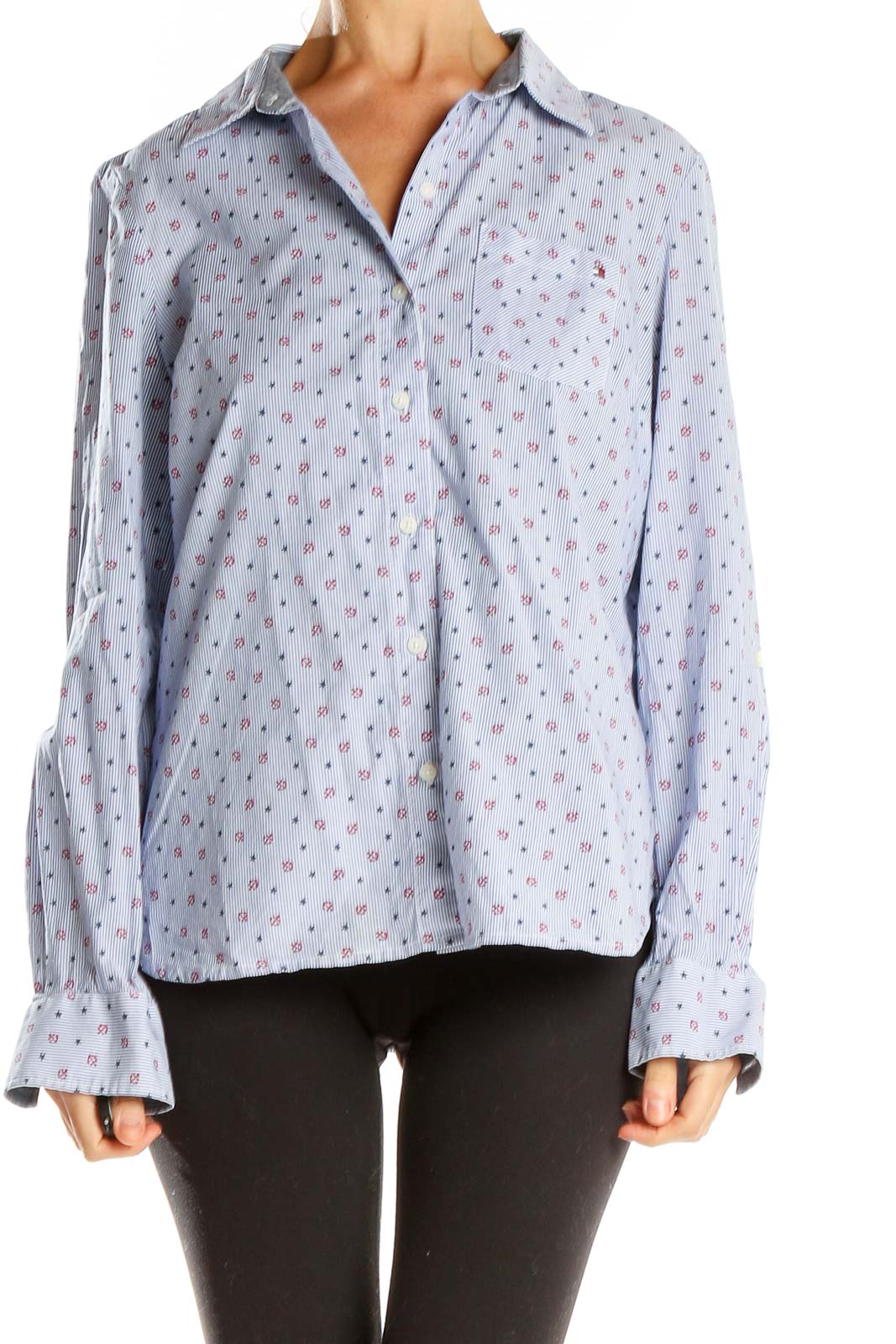 Blue Printed Classic Button Up Top Front