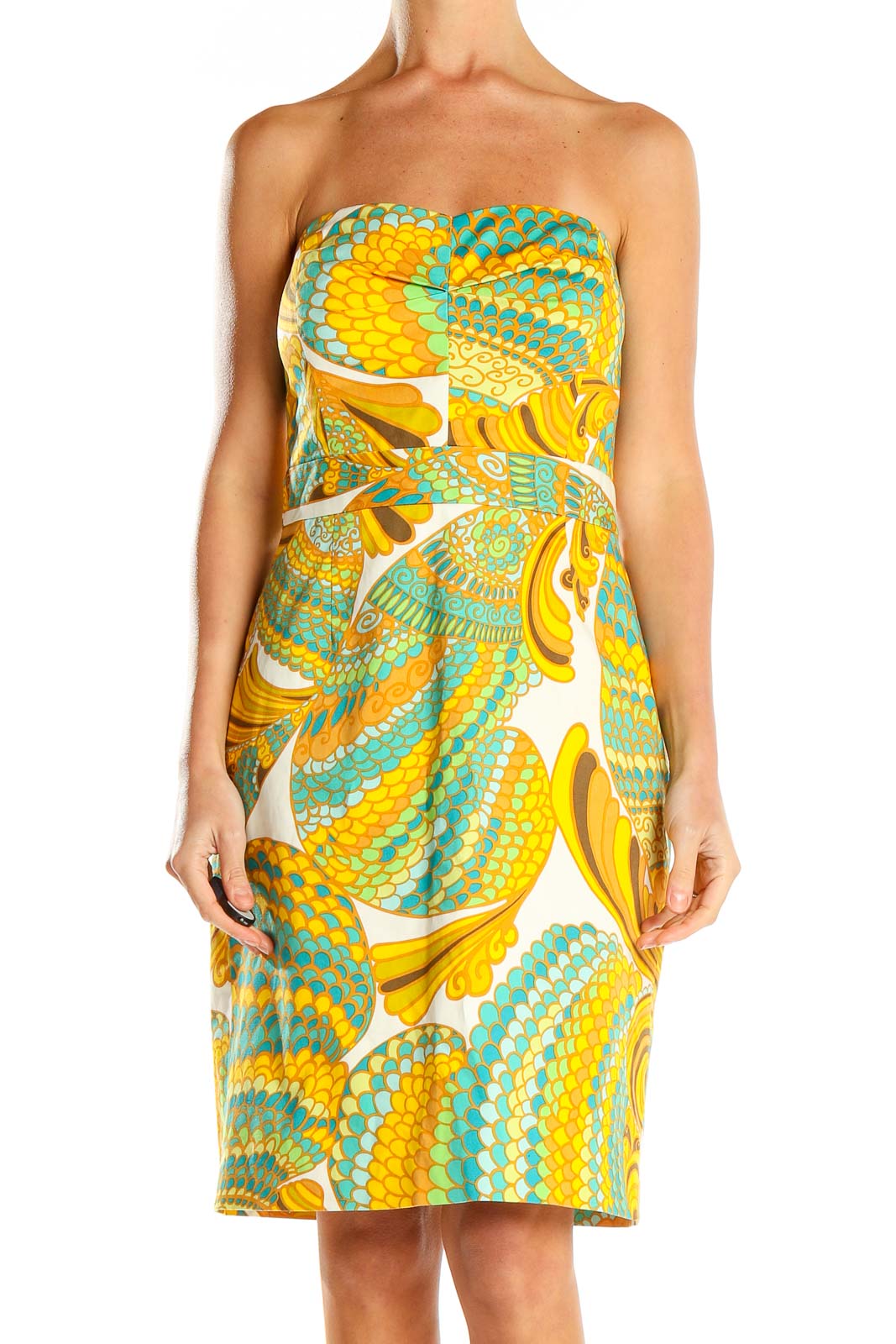 Yellow Printed Strapless Sheath Dress Front