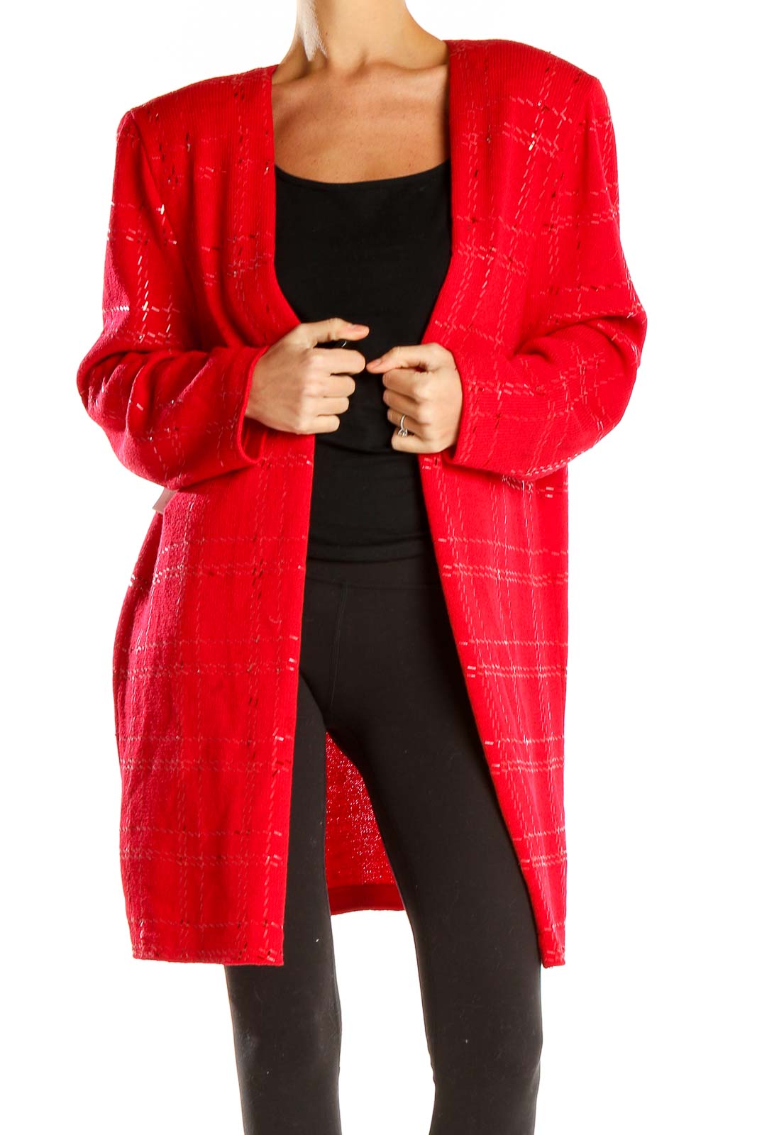 Red Textured Designer Cardigan Front