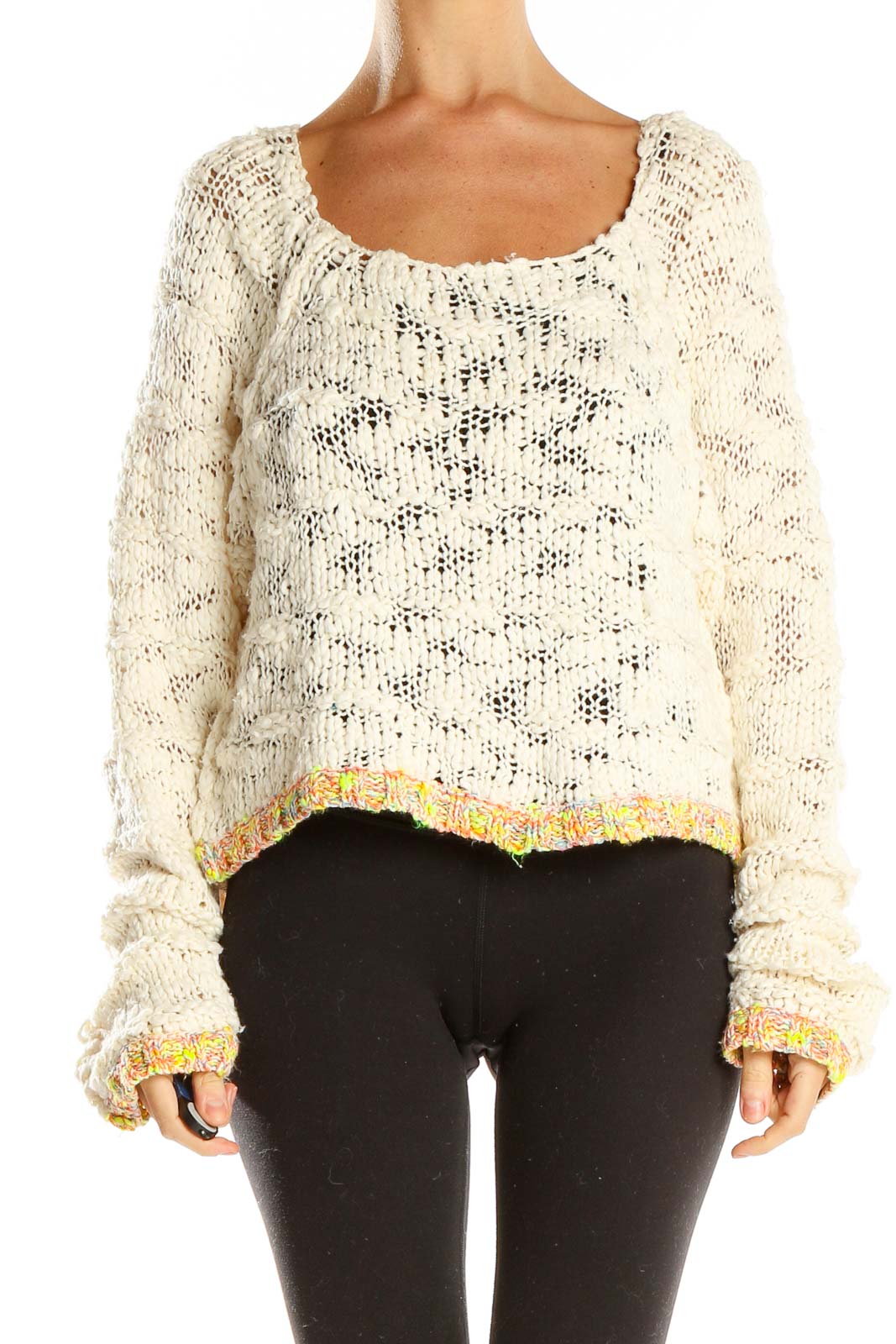 Cream Cropped Sweater With Rainbow Trim Front