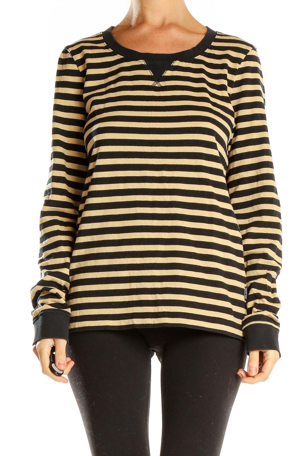 Beige Black Striped Casual Long Sleeve Top Front