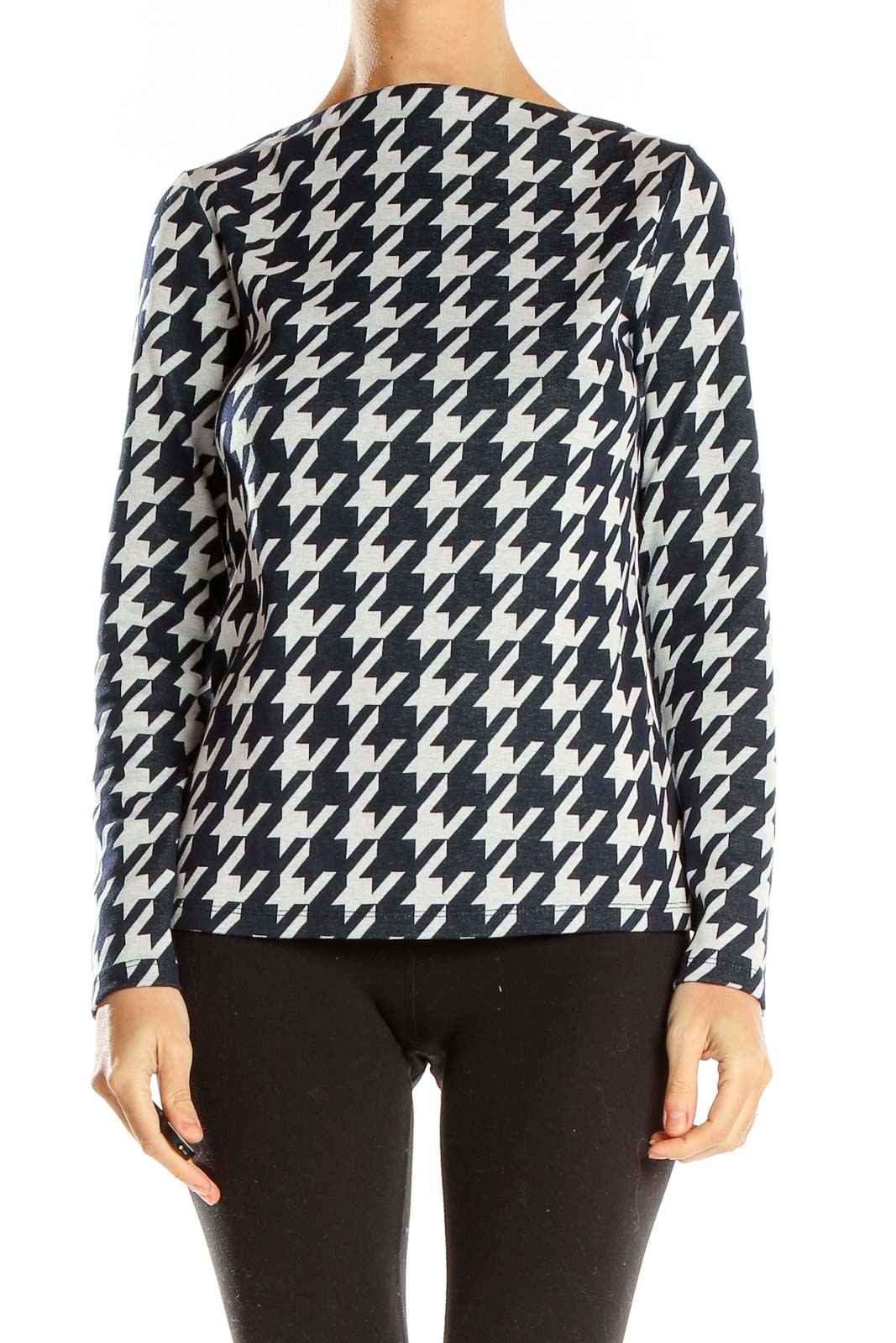White Blue High Neck Houndstooth Top Front