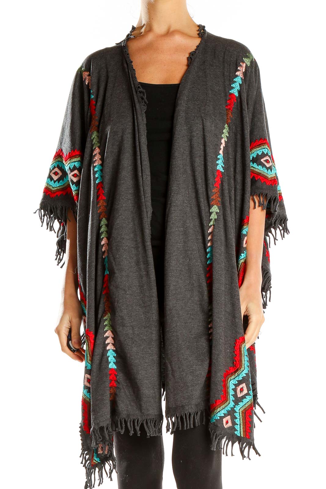 Gray Tribal Embroidered Shawl Front