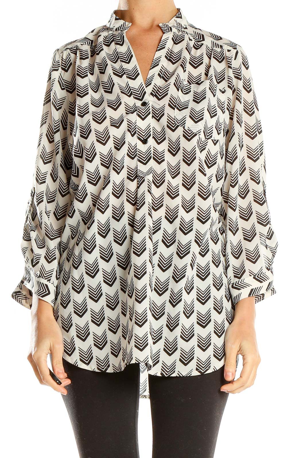 White Black Printed Blouse Front