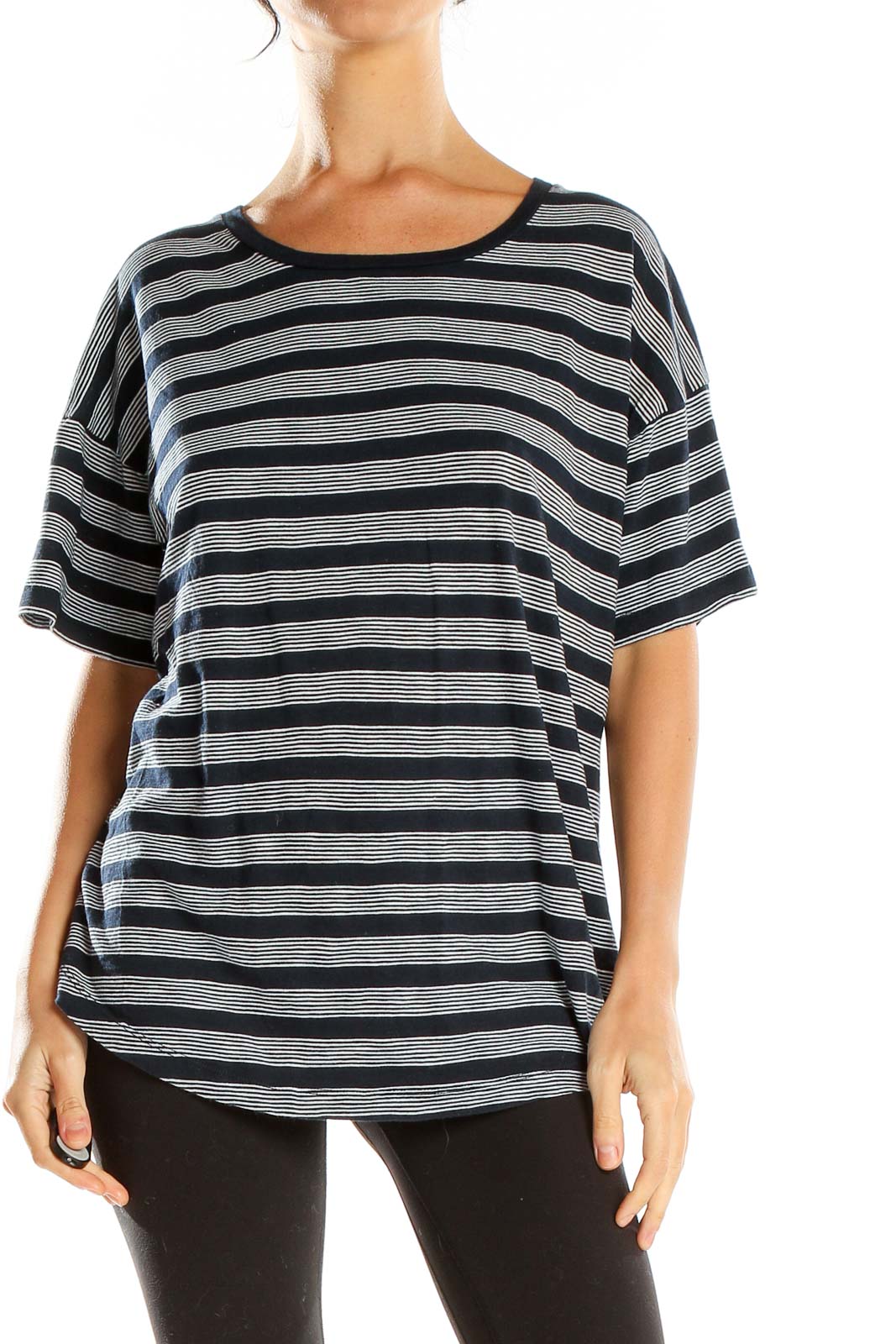 Black Gray Striped Casual T-Shirt Front