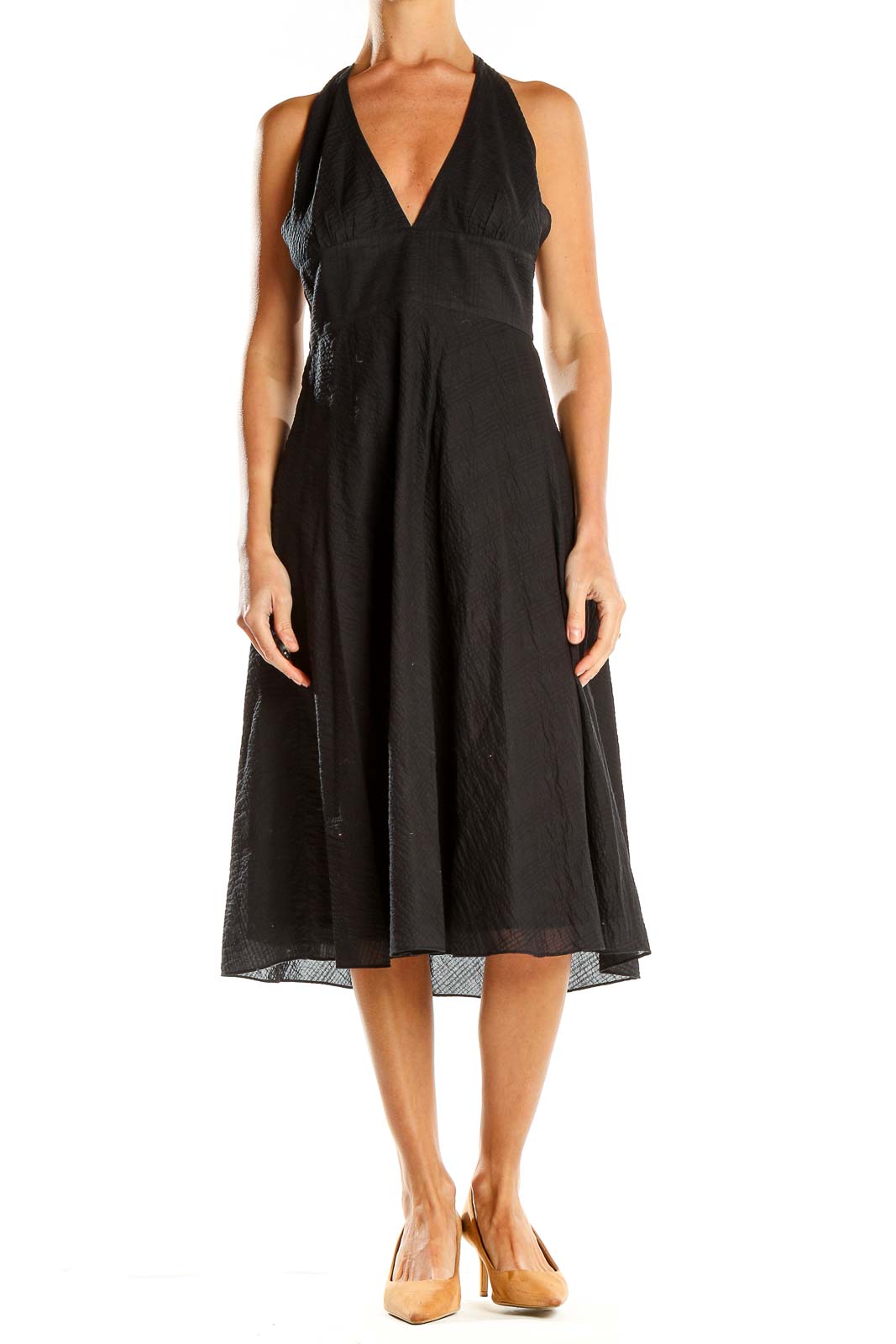 Black Classic Fit & Flare Cotton Halter Dress Front
