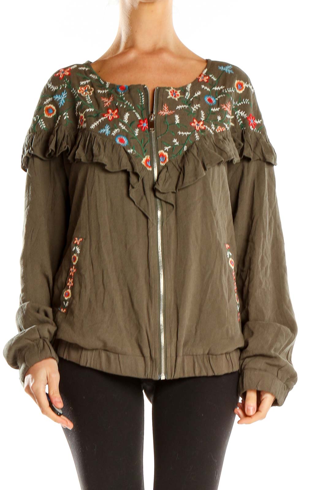Green Embroidered Bomber Jacket Front