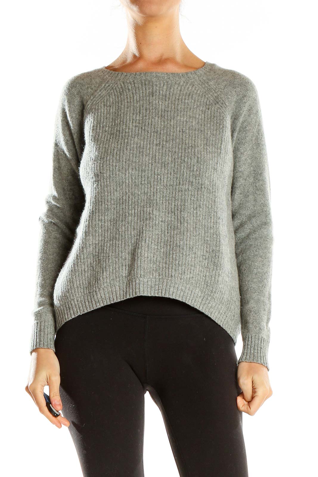 Gray Sweater With Leather Elbow Patches Front