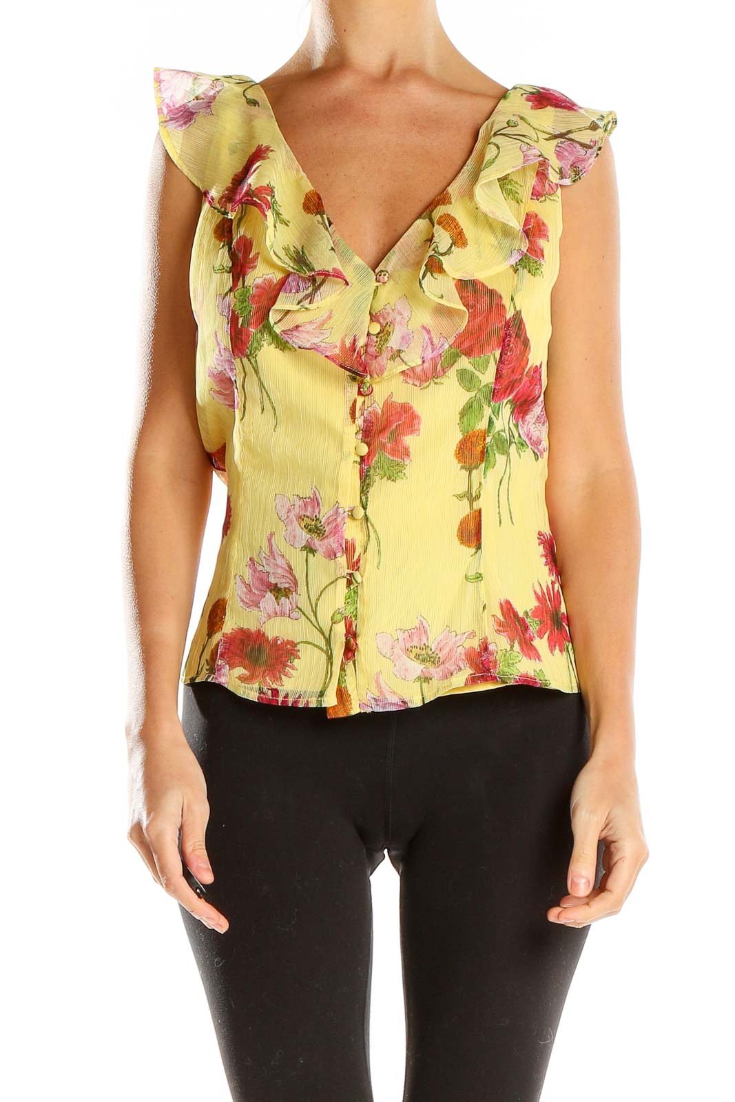 Yellow Floral Print Ruffle Blouse Front