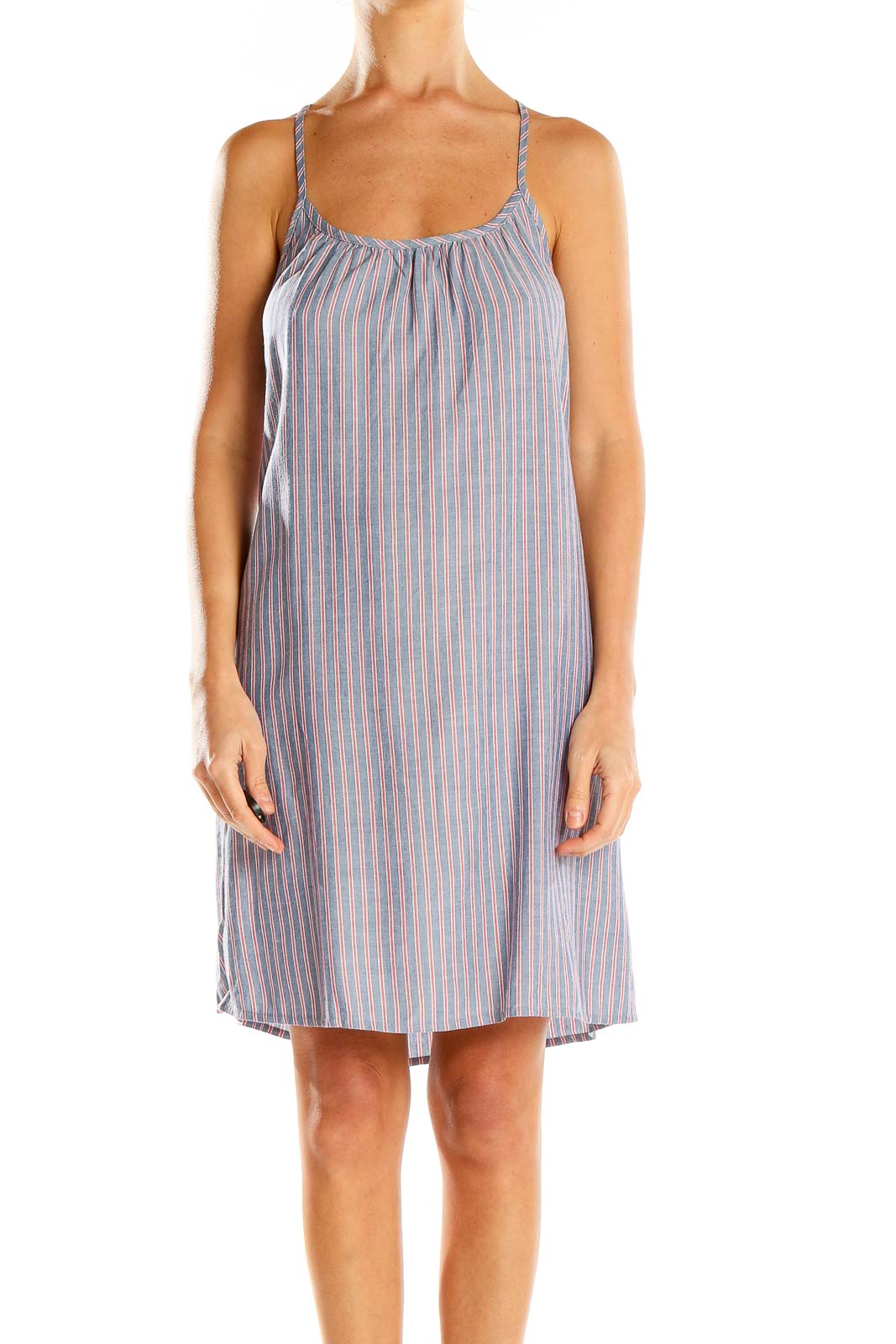 Blue Red Striped Casual Shift Dress Front