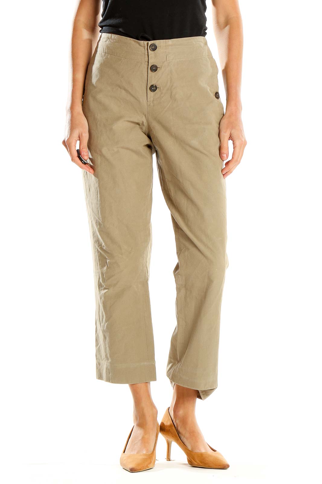 Beige Textured Casual Cropped Trousers Front