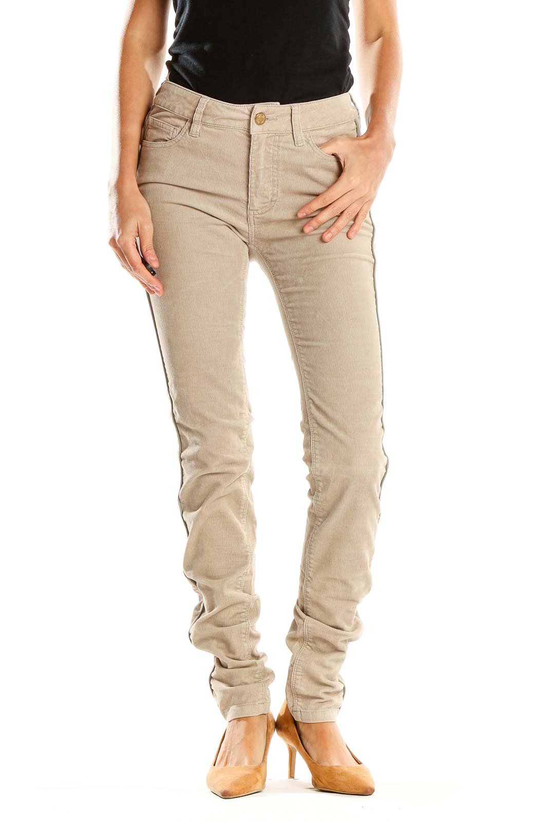 Beige Corduroy Piped Skinny Pants Front